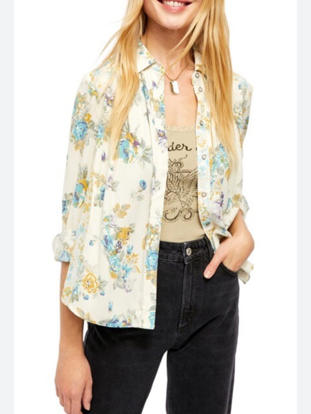 Free People Hold On to Me White Floral Button-Down Shirt Medium